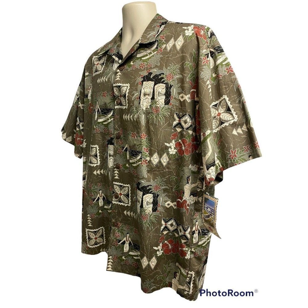 Hilo Hatties Tiki Green Hawaii Aloha Floral Button Front Shirt Large Pocket New